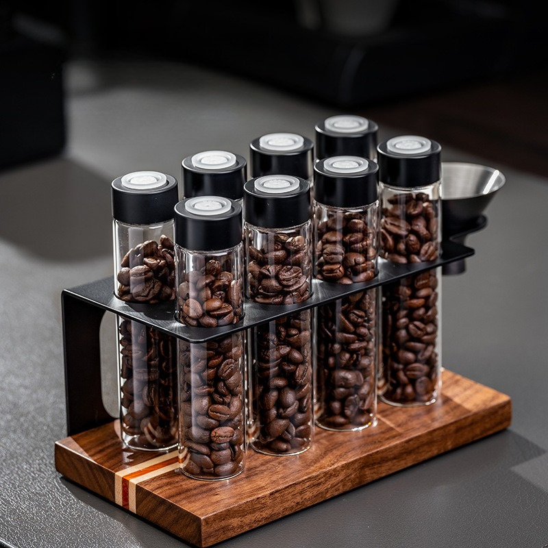 Coffee Tea Jars - JUSTINLAU ガラス製コーヒー豆保存容器 気密1方向バルブ付き 木製ディスプレイラック ファンネル付き 木製キッチンオーガナイザー