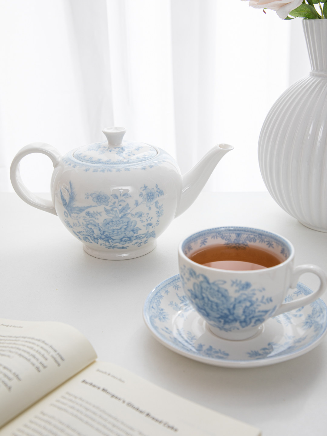 Coffee Tea English - ハウス、レトロな青い牡丹柄のアフタヌーンティーカップ＆ソーサーセラミックセット、コーヒーカップ＆ソーサー、ティーポット、イングリッシュブラックティーカップ