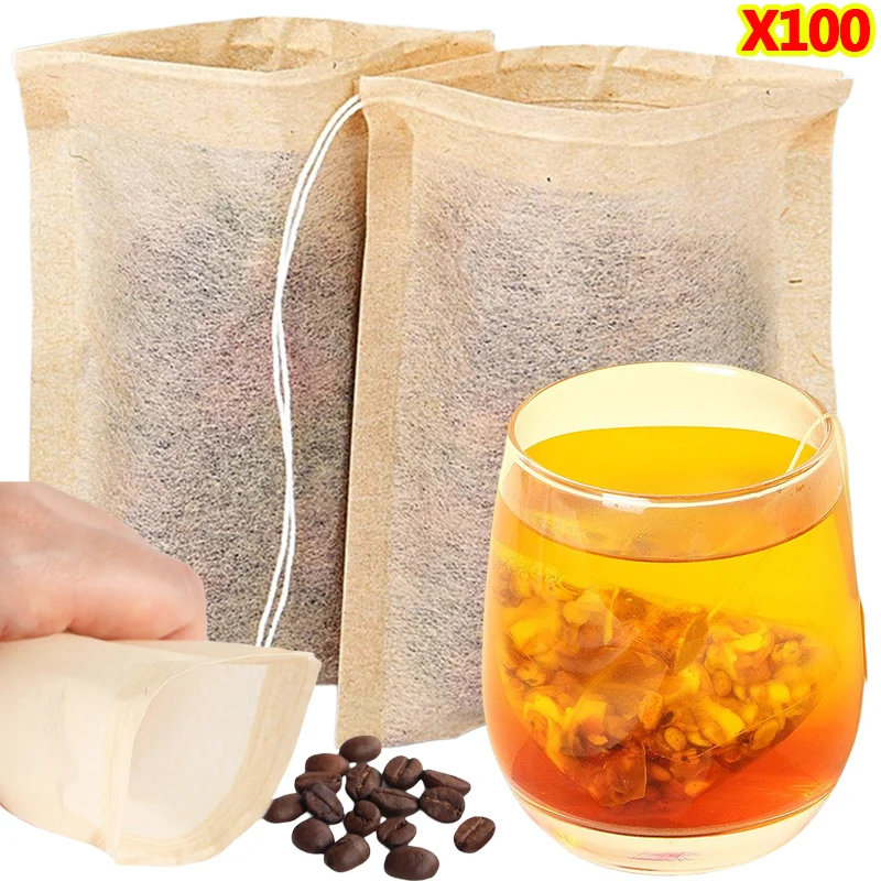 Coffee Tea Leaf - 100 個ティーバッグ巾着フィルター付き空のティーバッグコーヒー豆葉茶粉末漢方薬生分解性紙袋