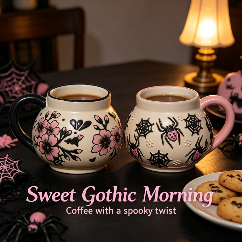 Coffee Tea Bar At Home - 不気味なタラベラ陶器マグカップ ハロウィン スパイダー、ウェブフラワー ゴシック 手描き コーヒー、ティーカップ