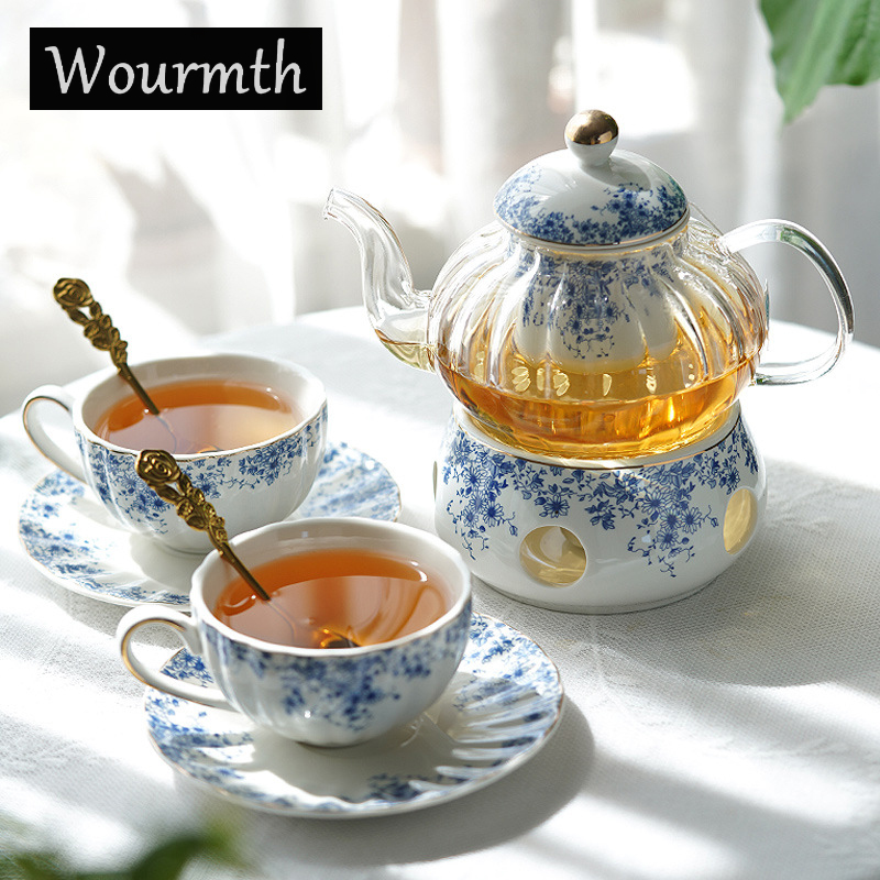 Coffee Tea English - イングリッシュスタイルのアフタヌーンティーセット、フラワーティーポット、加熱ガラスのティーカップ、青と白の磁器のコーヒーカップとソーサー
