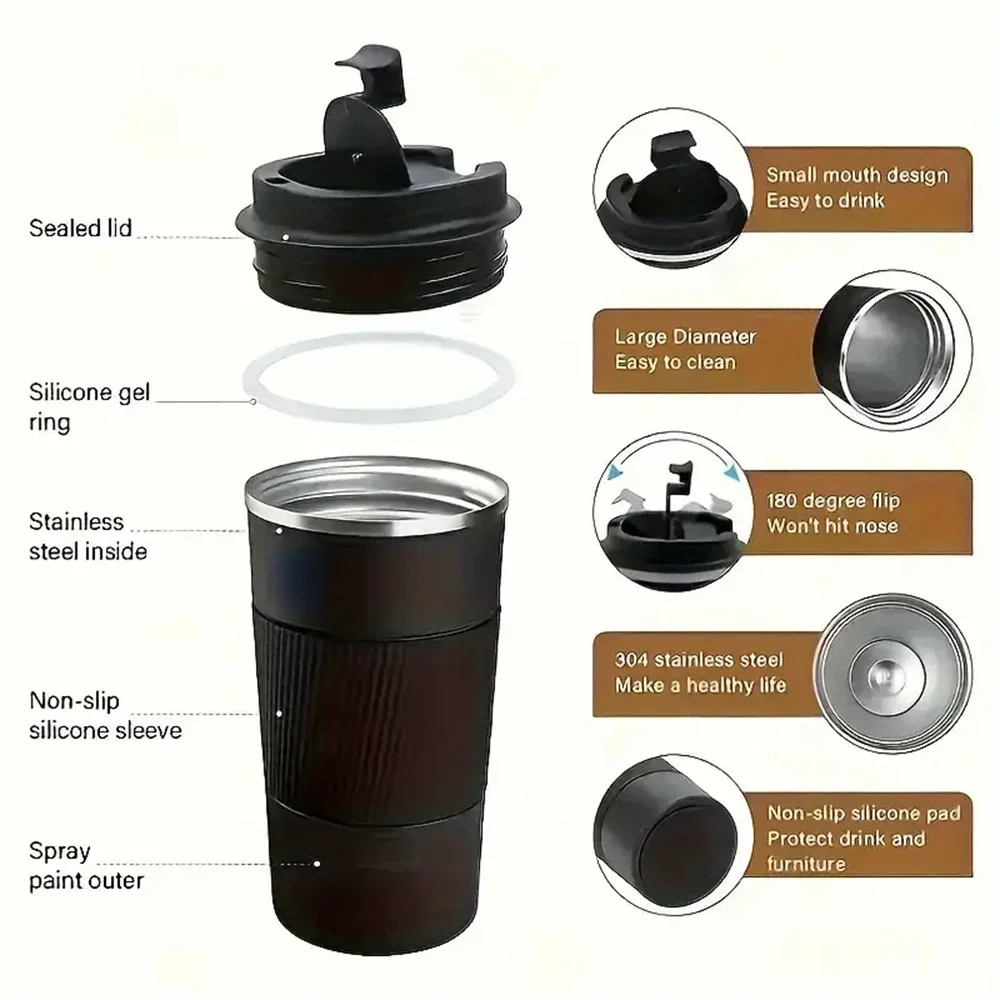 Coffee Tea Exchange - 新しいサーモカフェサーモカップ、お茶、水、コーヒー用、二重ステンレス鋼製、380/510ml、コーヒーマグ、車載用サーモマグ、漏れ防止、旅行用