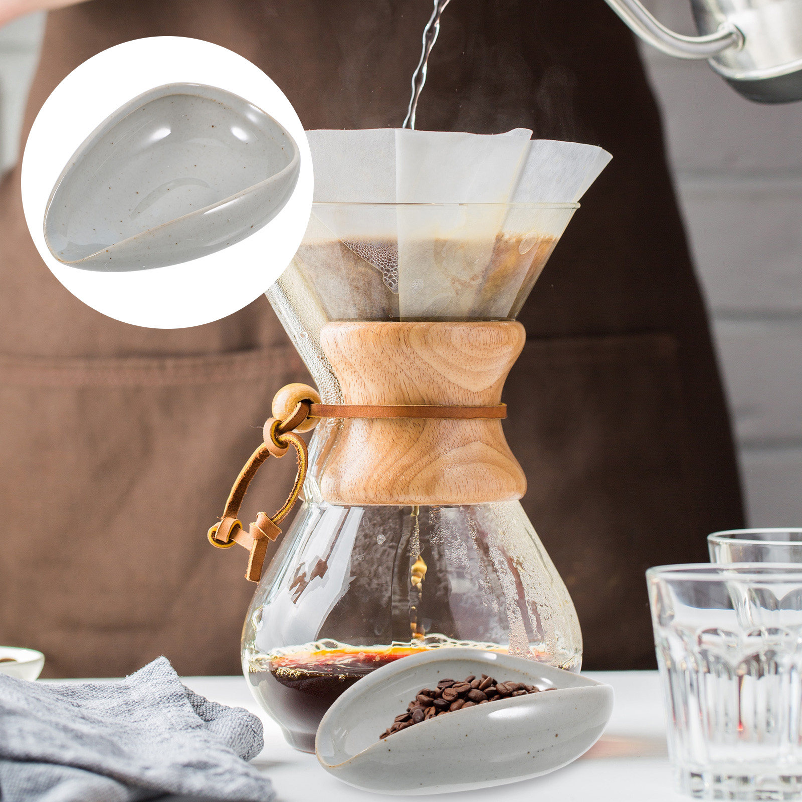 Coffee Tea Bean - セラミック製コーヒー豆トレイ、計量カップ、豆・茶葉用計量皿、コンパクト設計、滑り止めエッジ、光沢仕上げ、家庭用