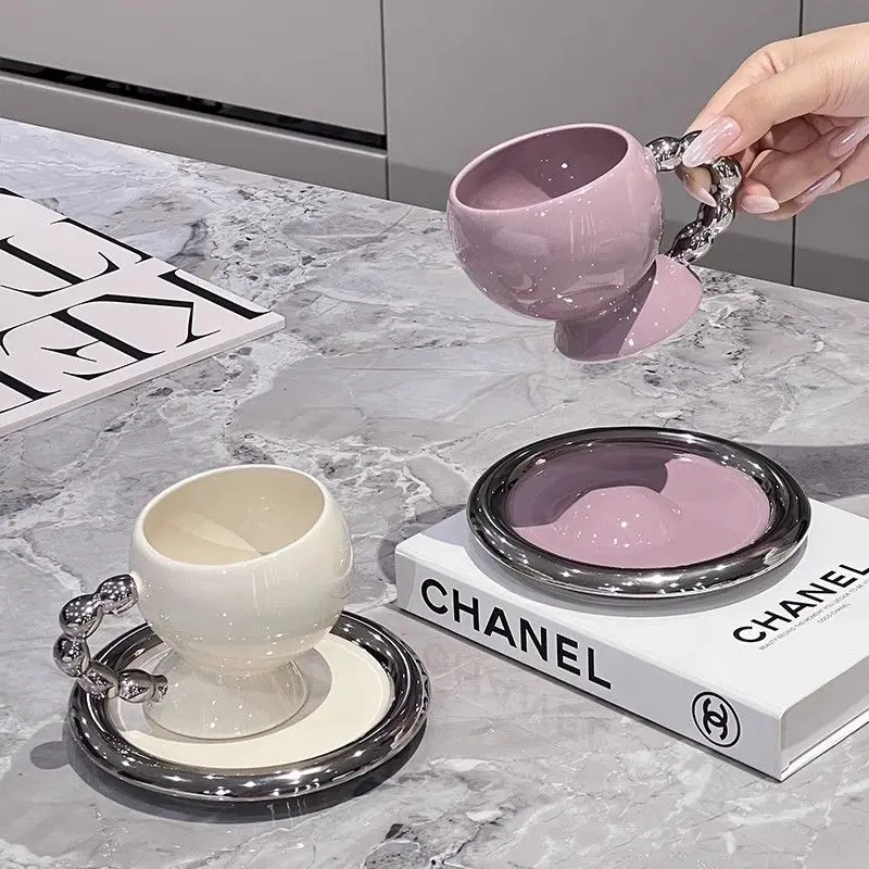 Coffee Tea English - 英国アフタヌーンティーコーヒーカップソーサー繊細なセラミック白紫カップルマグラテアートコーヒーカップホーム朝食マグギフト