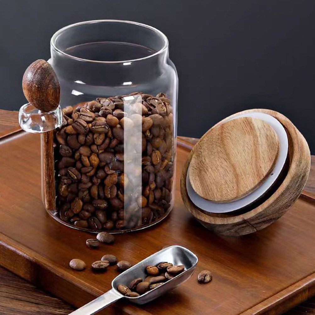 Coffee Tea Jars - ガラス製コーヒー豆保存容器 密閉木製蓋付き 漏れ防止 キッチンキャニスター 茶葉容器 砂糖ホルダー