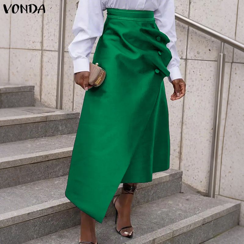 Coffee Plus Tea - VONDA プラスサイズ 5XL エレガントな女性のサテンスカートハイウエストボタンプリーツ非対称マキシジュープファッション固体ロングファルダスサイア