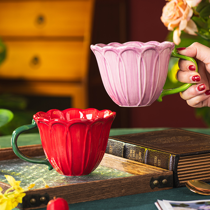 Coffee Tea English - クリエイティブセラミックコーヒーカップ繊細な花マグ英語午後の椿の花茶コーヒーマグ大容量朝食カップ