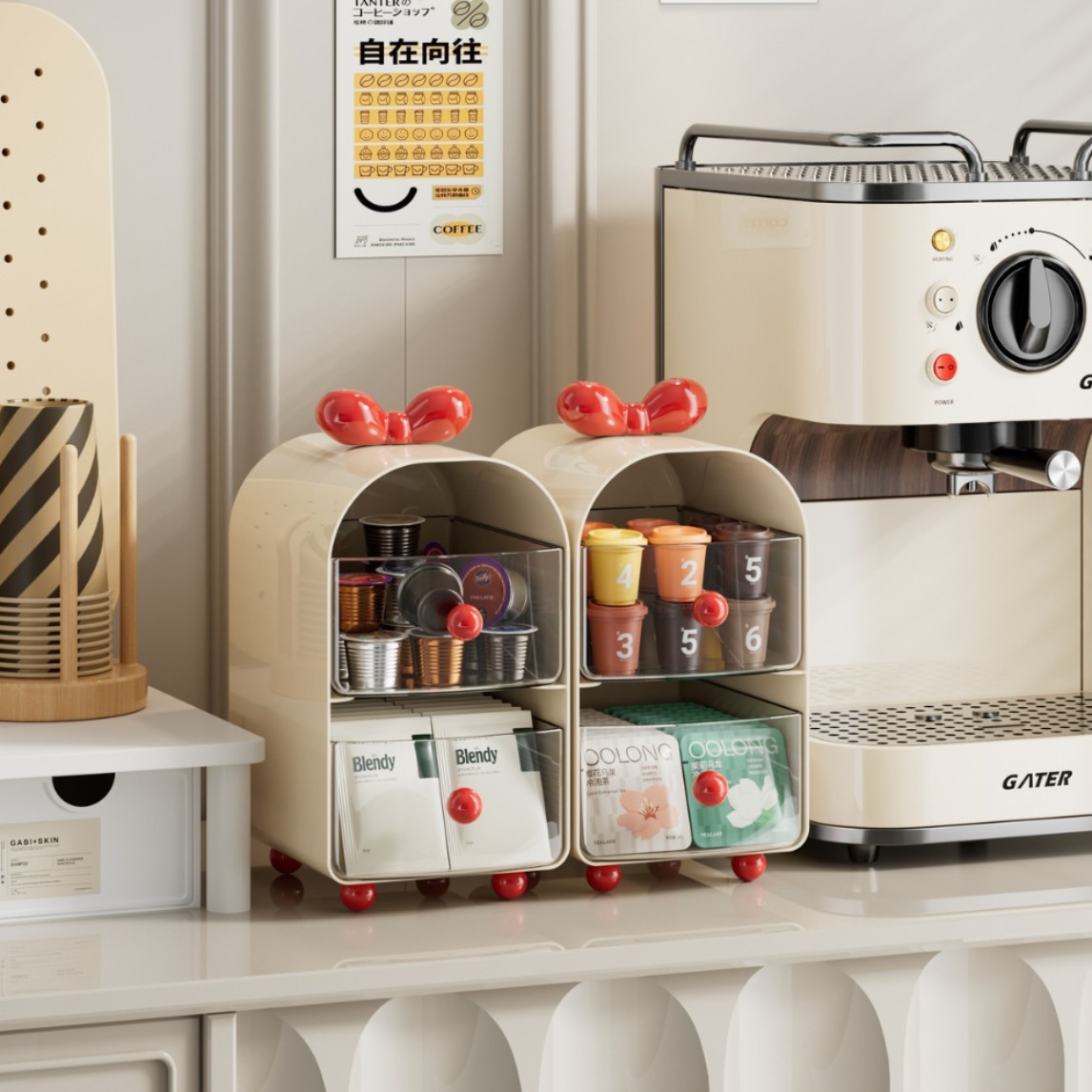 Coffee Tea Containers - クリーミーカラーコーヒーカプセルオーガナイザー、2段引き出し式収納ボックス（ティーバッグ、Kカップ、デスクアクセサリー用）