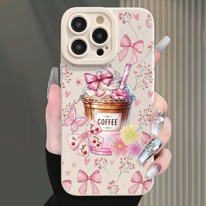 ピンクのリボンとコーヒー柄のミルクティープリントスマホケース - Coffee Plus Tea のレビューと価格
