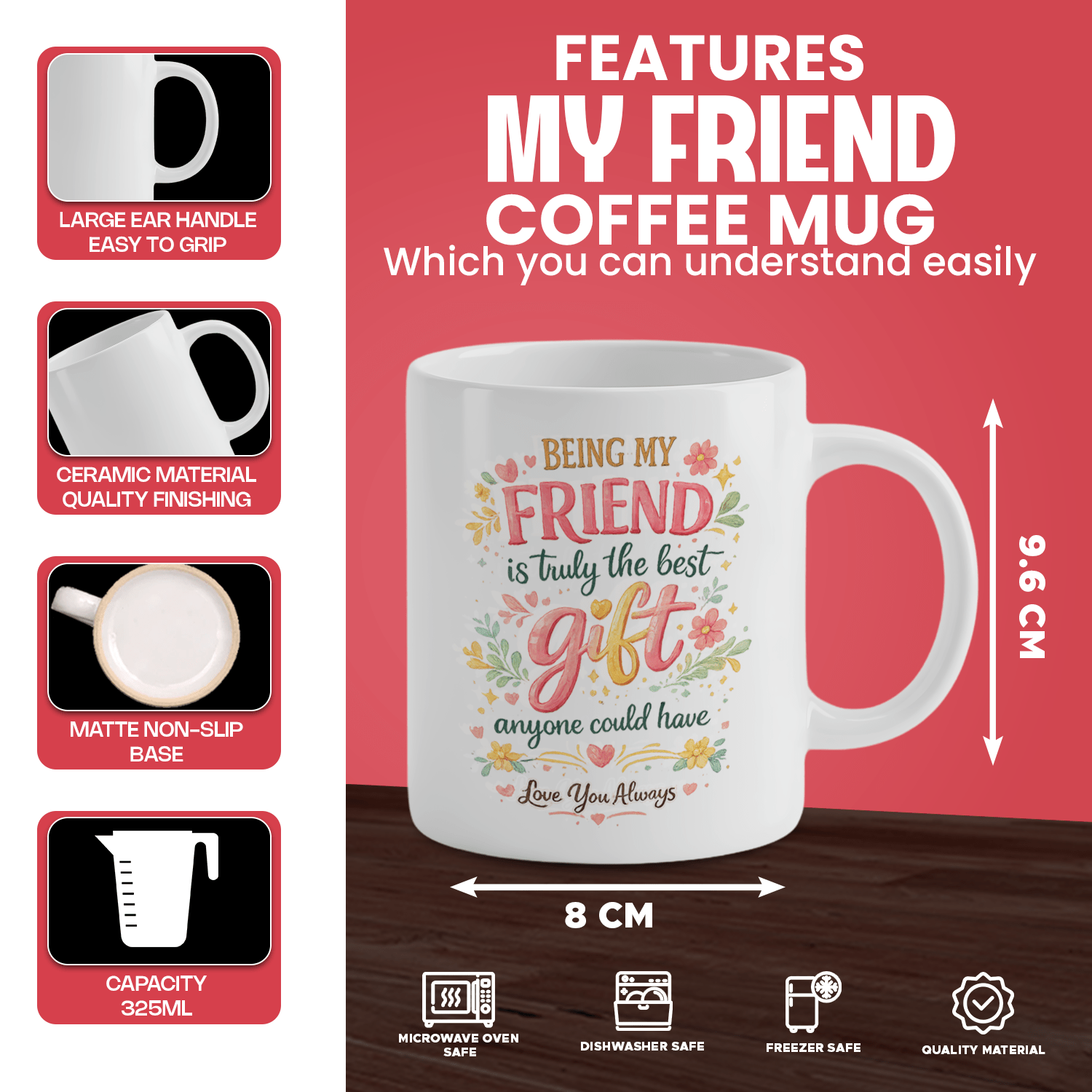 「友達でいてくれることが本当に最高の贈り物」コーヒーマグ、面 - Coffee Tea Joke のレビューと価格